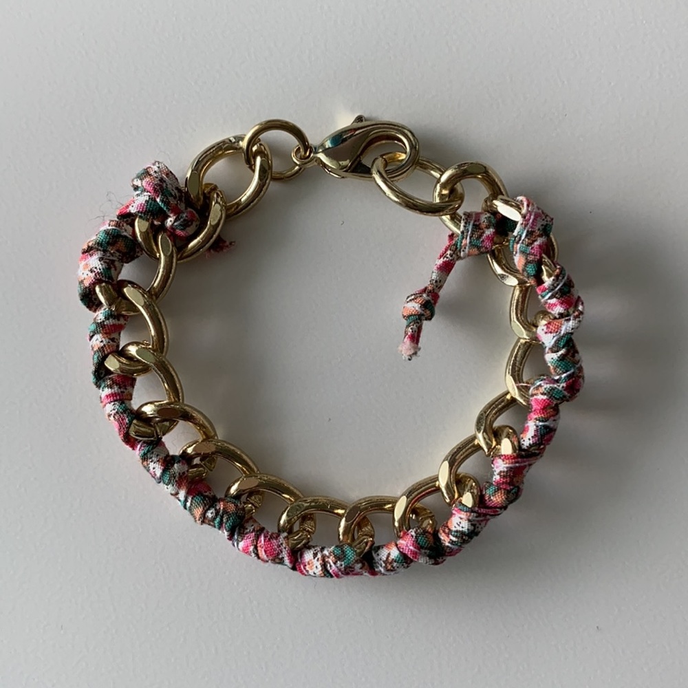 Bracelet - floral fabric and gold chain